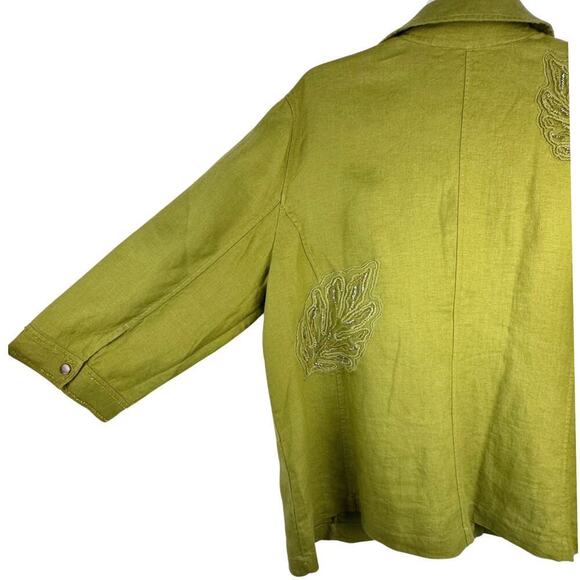 Chico's Jacket Womens 16/18 Olive Green 100% Linen Beaded Zip Front Snap Collar - Picture 4 of 10